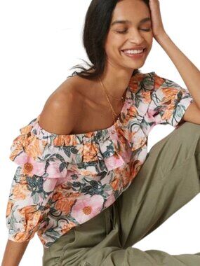 Cecilia Pettersson Anthropologie Off Shoulder Floral Blouse Pink Orange Ruffle